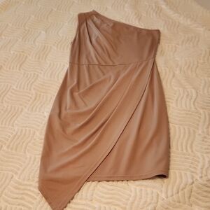 Tan One Shoulder Asymmetrical Cocktail Dress
